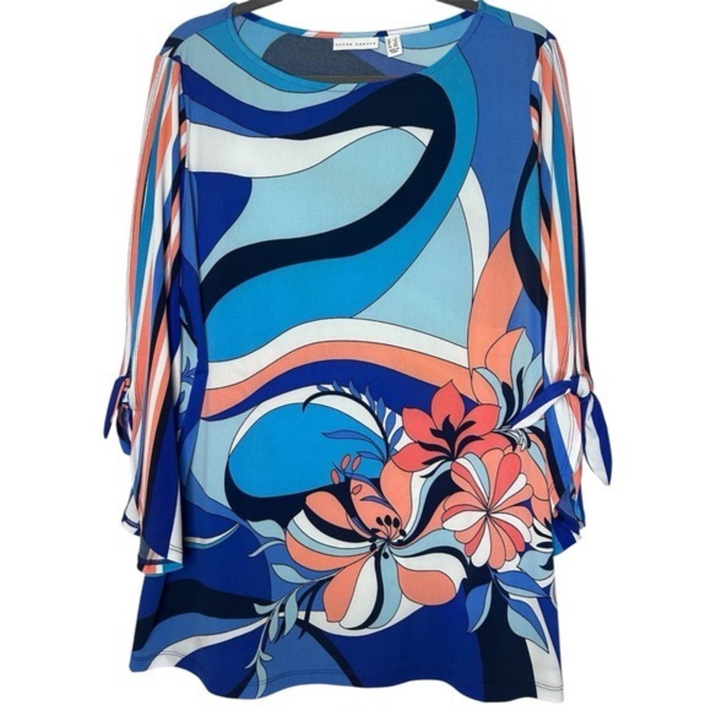 Susan Graver Top Size 1X Liquid Knit Tie Sleeve Tropical Resort Blue Coral